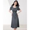 Elegant French Pleated Square Neck Puff Sleeve Midi Dress