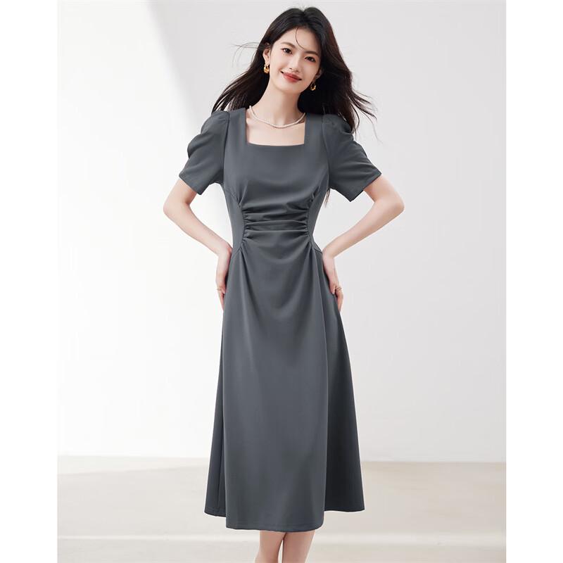 Elegant French Pleated Square Neck Puff Sleeve Midi Dress