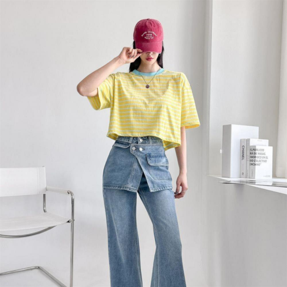 New Arrivals Open Run Women Striped Color Block Cropped Round Tee