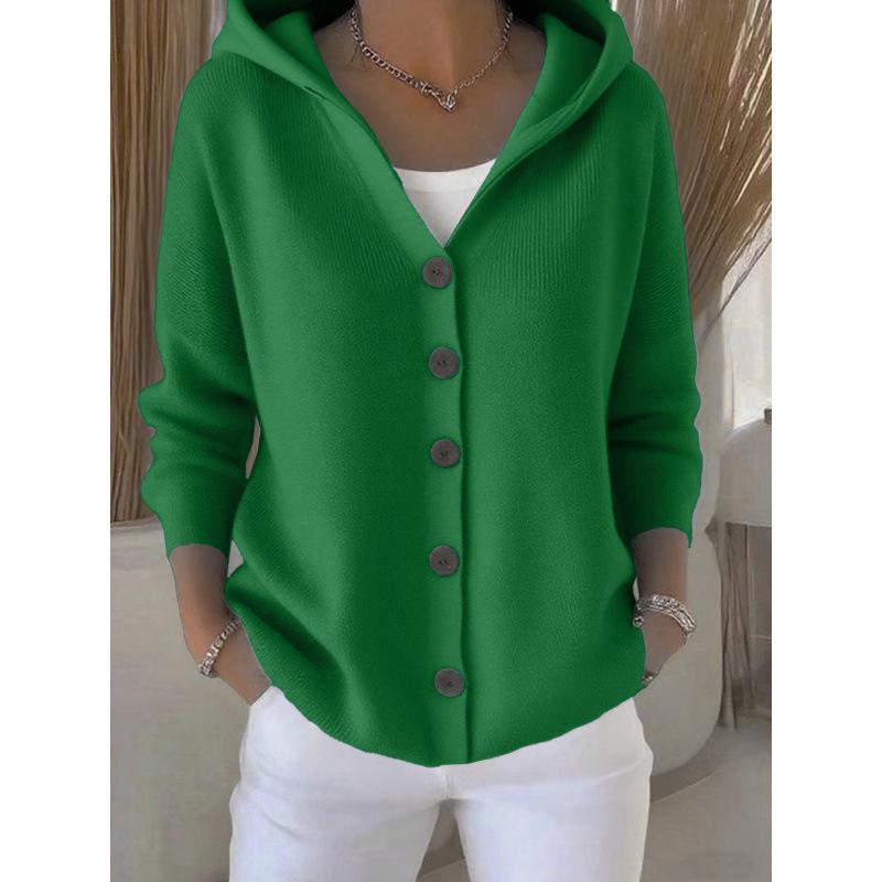 Women's Cross-Border European & American Style Hooded Knit Cardigan - Autumn/Winter Solid Color Casual Fashion Sweater Coat