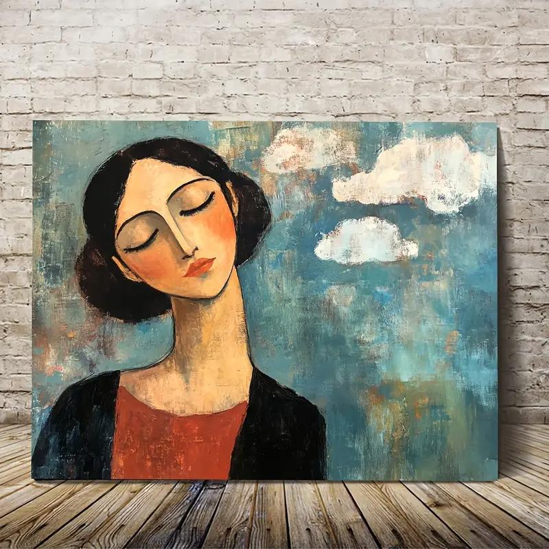 1pc Vintage Abstract Female Portrait Oil Painting Print Modern Art Home Living Room Bedroom Bathroom Canvas Wall Art Decor