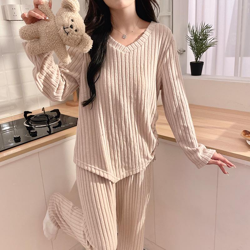 2025 Korean Women's Pajamas with Bra Pads: Knitted Long Sleeve & Pants, Plus Size, for Spring, Autumn, Winter