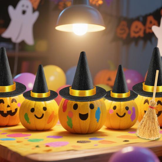 12Pcs Mini Witch Hat And Broom Crafts Halloween Party Decorations Reusable Black Hats Festive Home Party Ornaments