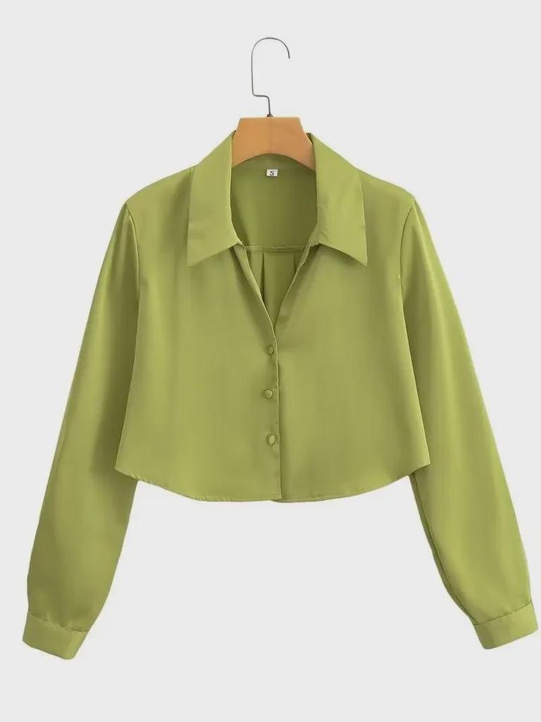 2025 Women's Summer Satin Silk Long-Sleeve Short Shirt - European & American Style