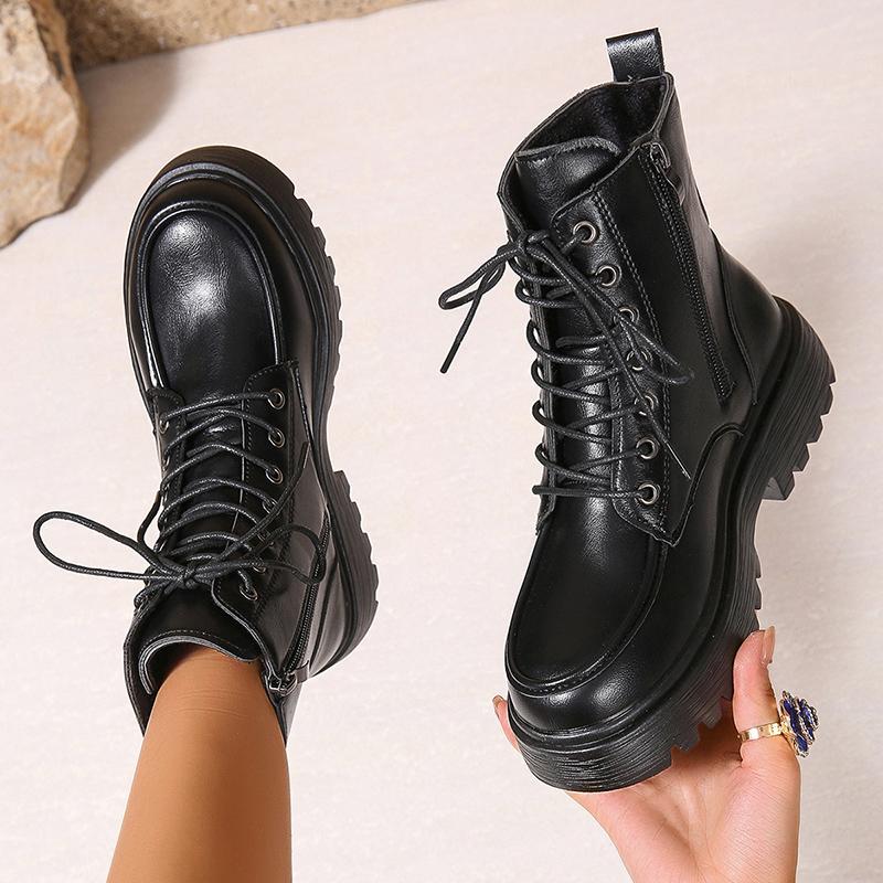 Fashion Autumn Winter Women's Platform Ankle Boots Pu Leather Lace Up Motorcycle Shoes Women Fashion Thick Sole Zipper Short Boots Woman