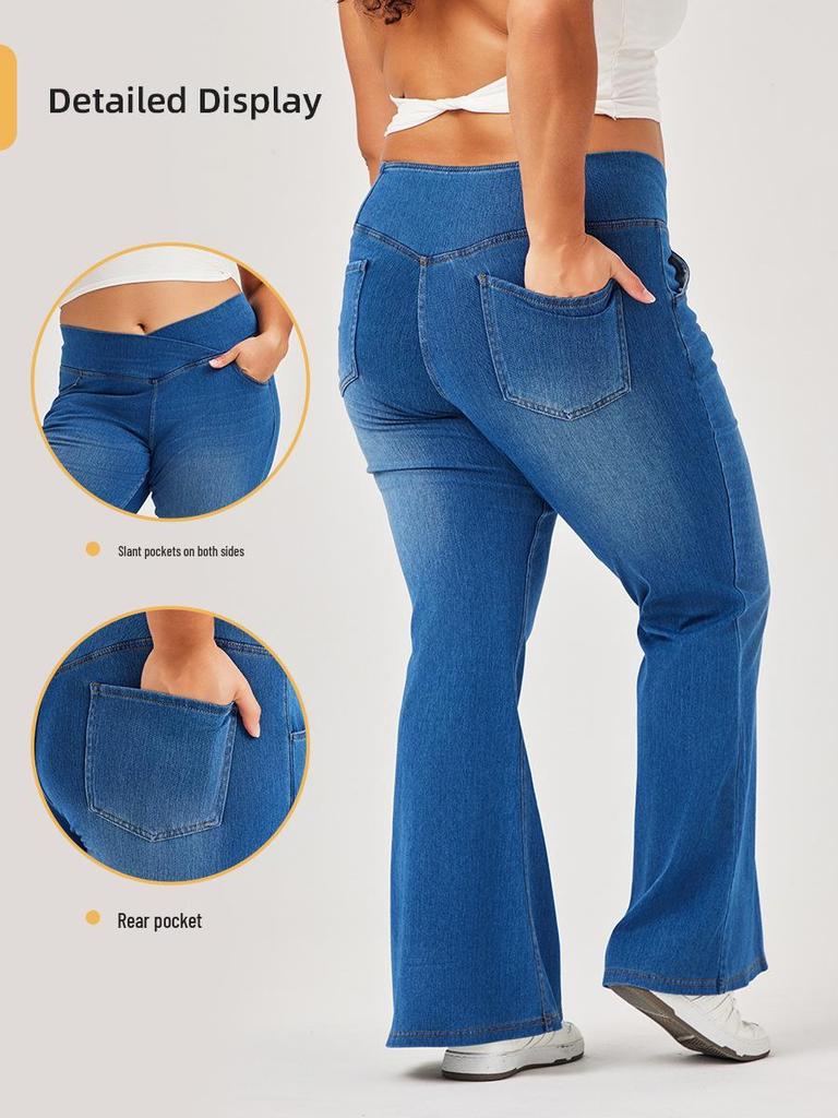 Women's Plus Size Cross-Waist Wide-Leg Jeans with Frayed Edges, Monkey Wash, Pockets, and Elastic Waist - Casual Slimming Fit