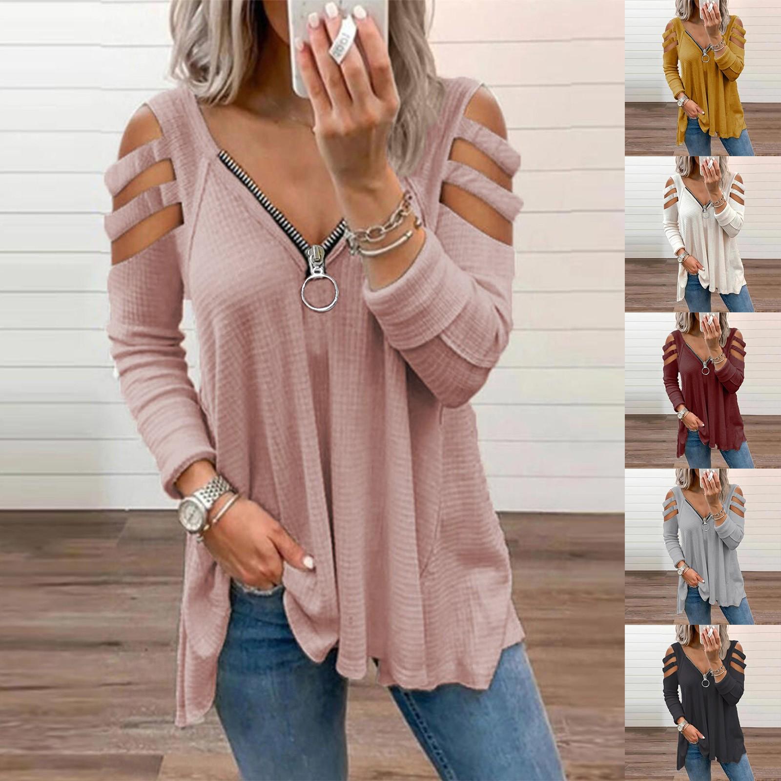 

Женская сексуальная повседневная блузка с v-образным вырезом и застежкой-молнией с длинными рукавами