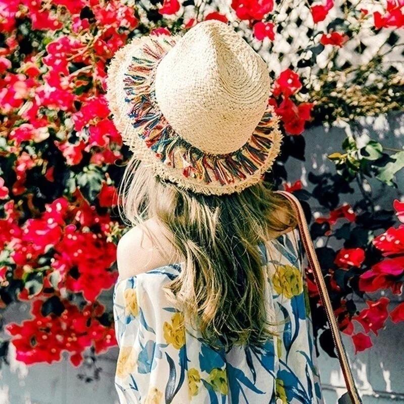 Girl's Fashion Gifts MultiColored Tassel Grass Hat for Sun Shading Sun Protection Breathable Weaving Wide Brim Grass Hat Gifts LS