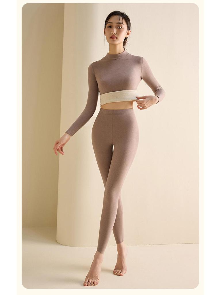Women's Wool Silk Thermal Set: Warm Stand Collar Top & Trousers - Heat-Generating, Skin-Friendly Base Layer for Autumn/Winter.