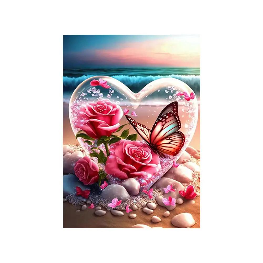 Ручная работа Цветочные наклейки Любовь Пляж Ручная работа Наклейки Круглый Алмаз Роза Полные и Аксессуары Мозаика Бабочка T6H3