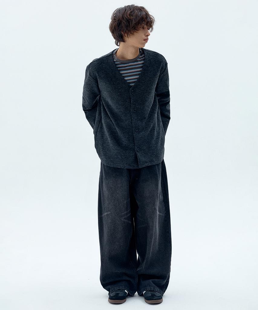 Placestudioman Basic V-Neck Soft Hairy Layered Classic Knit Cardigan Jacket [Charcoal]