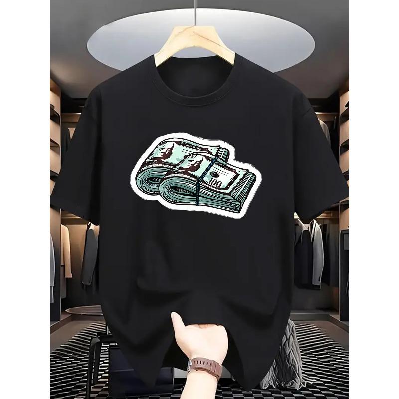 

European sizes Men s Black Short Sleeve T-Shirt with Dollar Bill Print - Casual Streetwear Style, Regular Fit, Summer Essential 4XL чорний