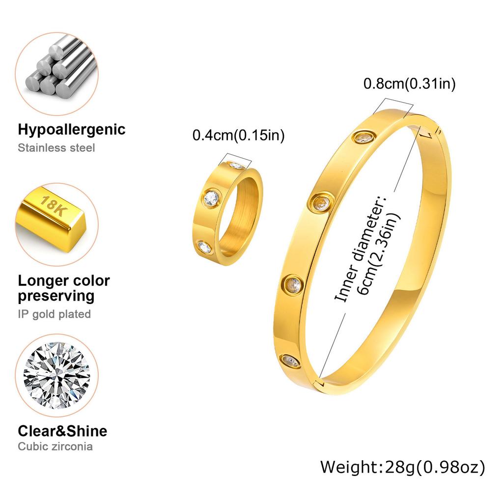 Vnox Luxury Love Ring Bracelets Gift for Women, Heart CZ Stone Inlay Gold Plated Stainless Steel Cuff Bangles, Mothers Day Gift