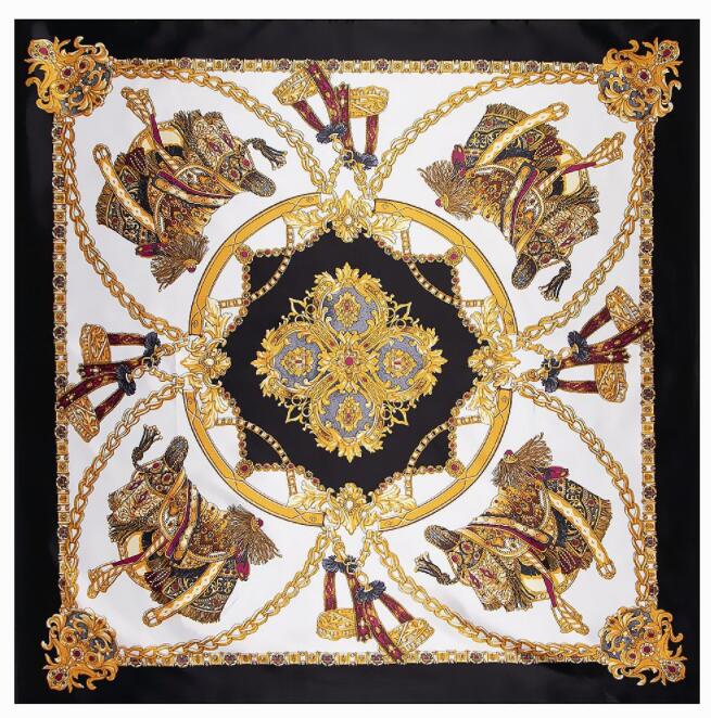 90*90cm Luxury Brand Women Silk Scarfs Royal Style Square Scarves Horseshoe  and Chain Printing Shawls For Ladies