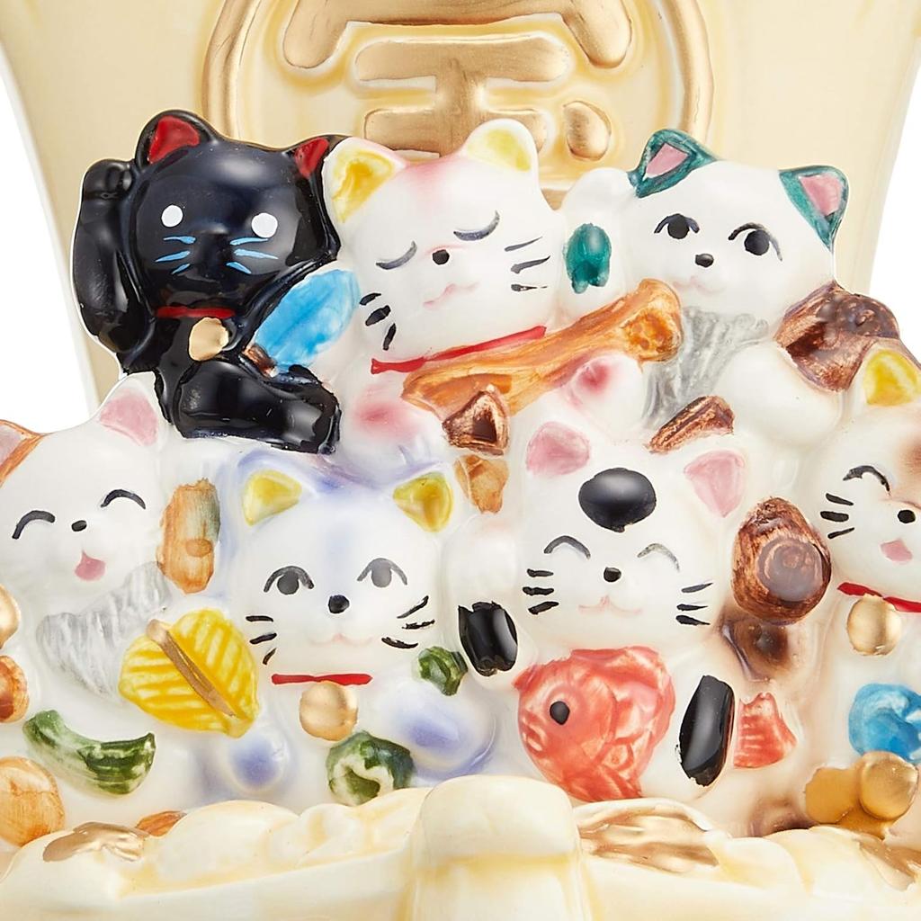 Japoński Kot Szczęścia Maneki Neko Szczęście Bogactwo, Siedem Kotów Szczęścia Statek Skarbów Ceramika Seto-yaki, Ale-net Kolor Kremowy, Wyprodukowano w Japonii, Talizman