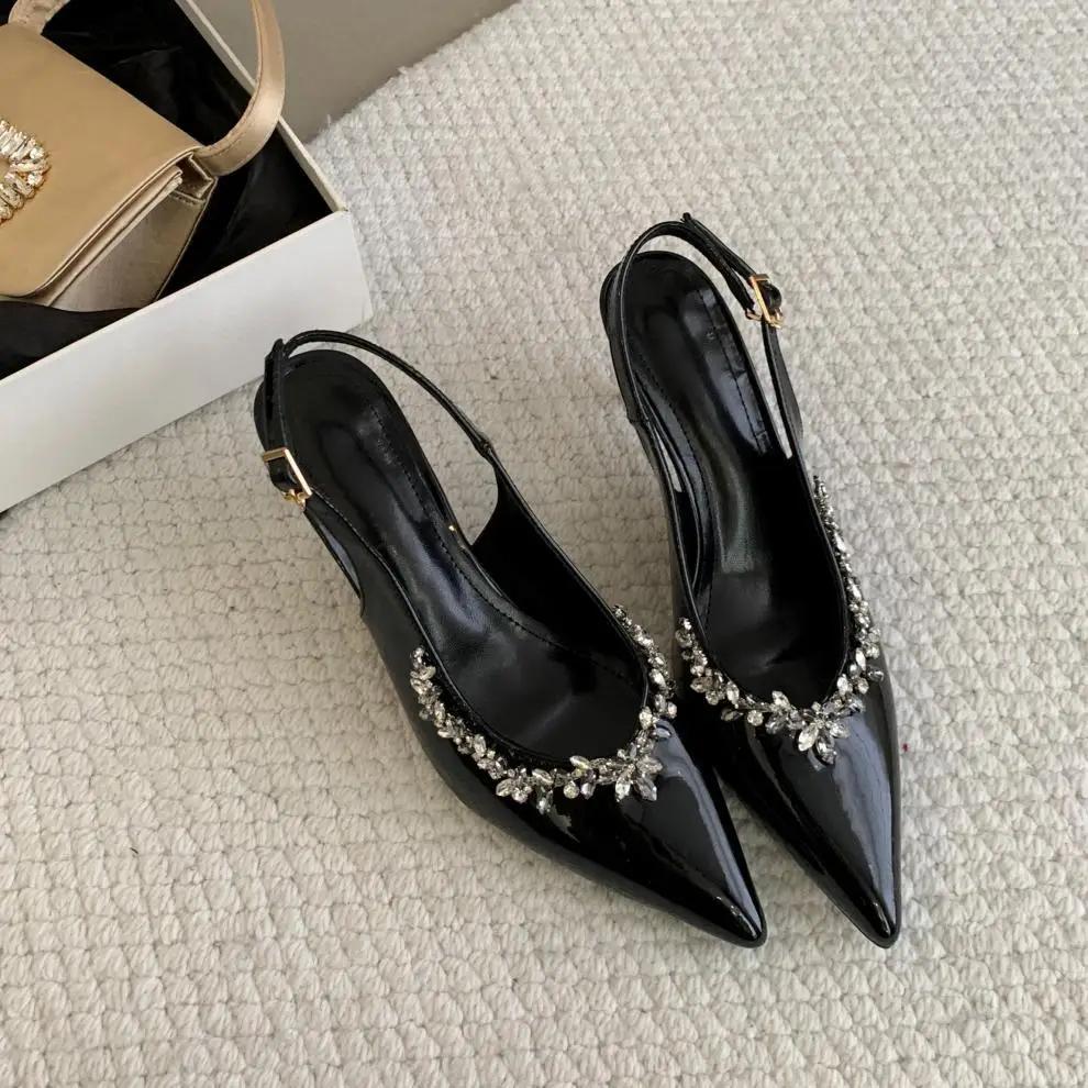 Fashion Sexy Fashion Black Patent Leather Strap with Pearl Pointed High Heels Women Shoes Casual Back Buckle Pumps Summer 2025