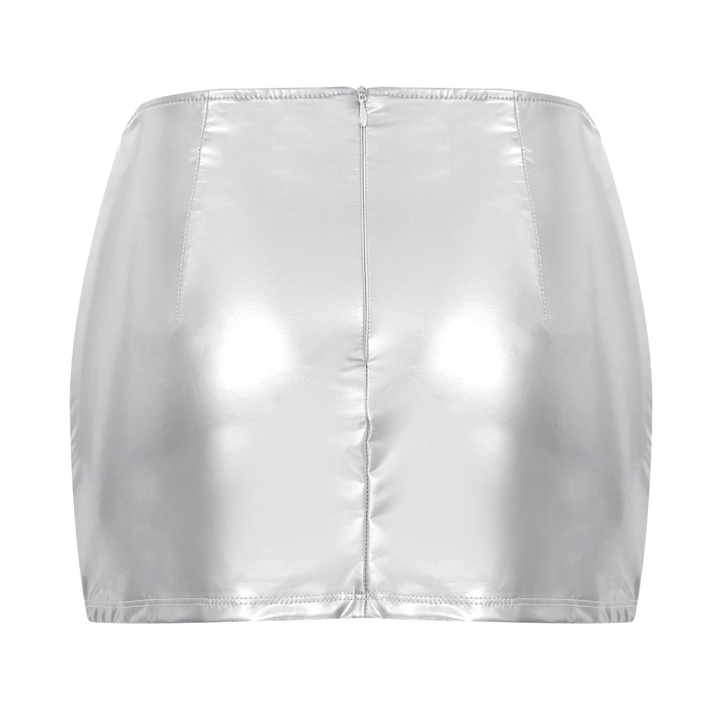 Ženy Dívky Taneční oblečení na tyče Přední dělená Bodycon Minisukně Lesklá krátká sukně Disco Bar Klubové oblečení Holografické knoflíky Klubové sukně