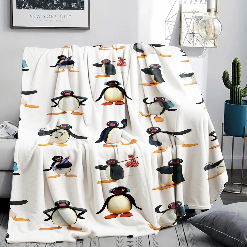 1PC PINGU Print Flannel Blanket, High Quality All Seasons, Home Decor, Warmth and Comfort, Perfect for Christmas Gifts
