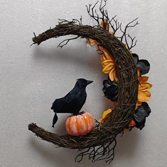 Halloweenský věnec Měsíc Vrána na vchodové dveře Gotický proutěný věnec s umělými květinami Dýně Suché větve pro vnitřní venkovní domácí nástěnnou okenní dekoraci