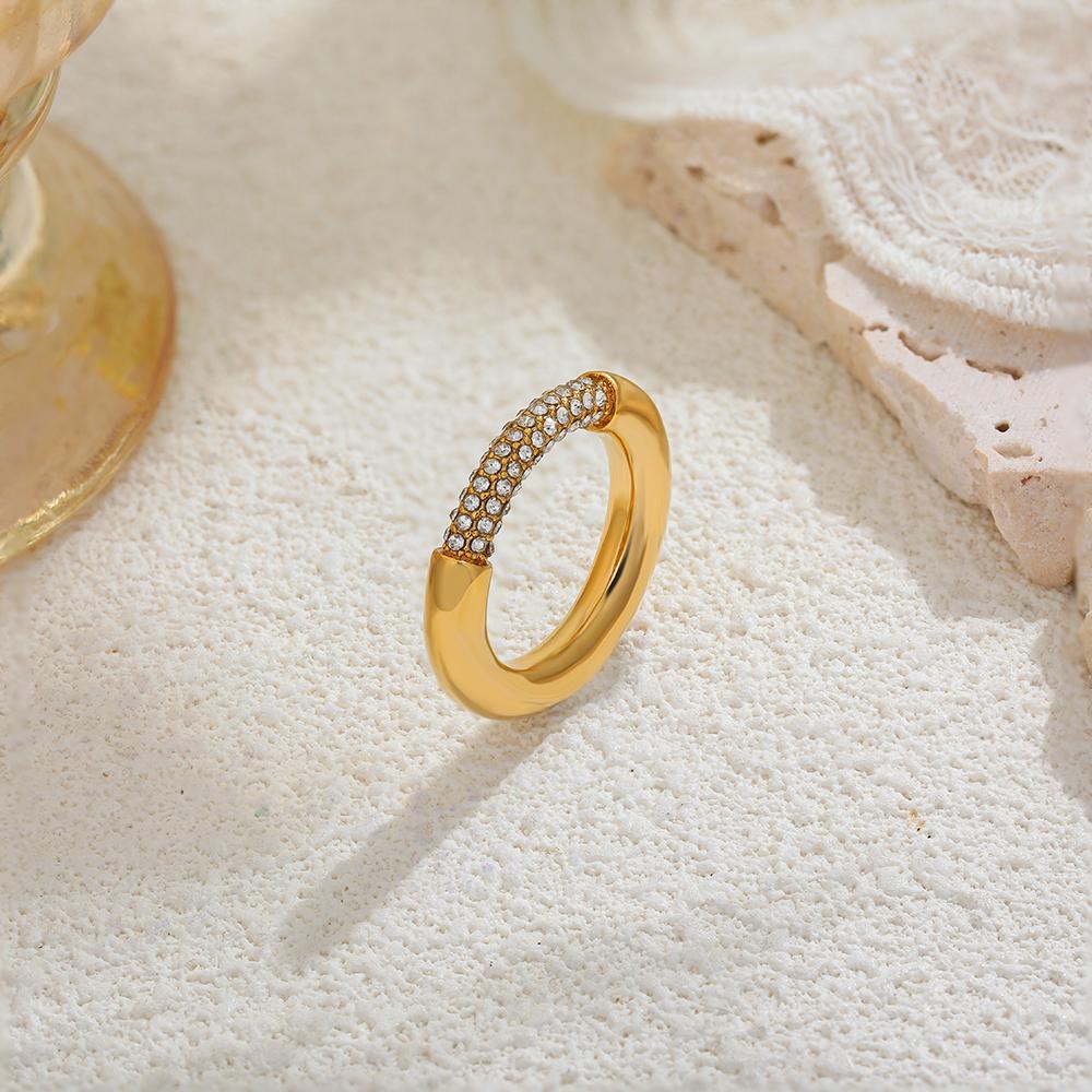 Cubic Zirconia Inlaid Round Rings Minimalist 18K Gold Plated Stackable Finger Jewelry for Women Wedding Party Gift Accessory