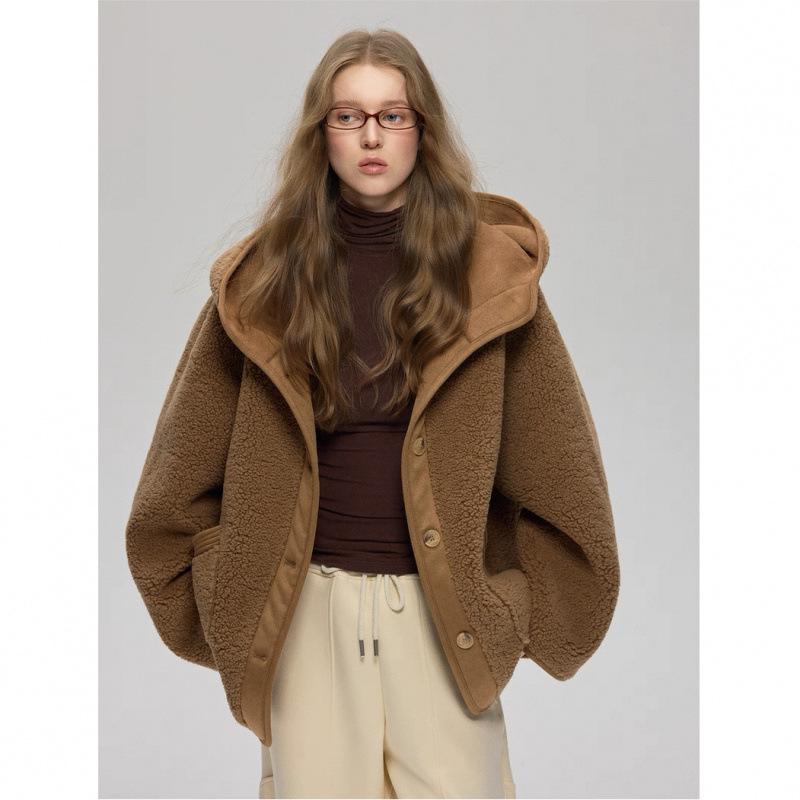2025 Fall/Winter Women's Hooded Lambswool Fur Coat - Thickened Texture & Button-Up Design