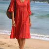 Damen V-Ausschnitt Rüschenärmel Midi Kleid Einfarbig Lässig Strand Boho Kleid Rot