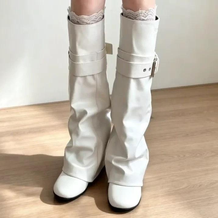 Fashion thick heel long trouser boots women's new belt buckle high tube niche knee boots pleated pile boots