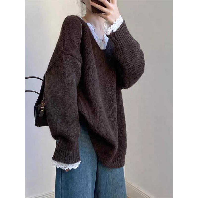 New Korean Fashion Lace Patchwork Pullover Loose Sweater Women Knitted Casual Versatile Tops Autumn and Winter V Neck Long Sleeve Solid Color Clothes