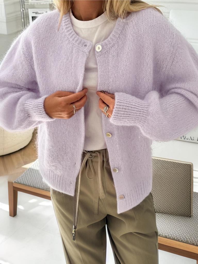 Elegante Damen-Strickjacke mit Knöpfen - Herbst/Winter Unifarbener Rundhals-Pullover