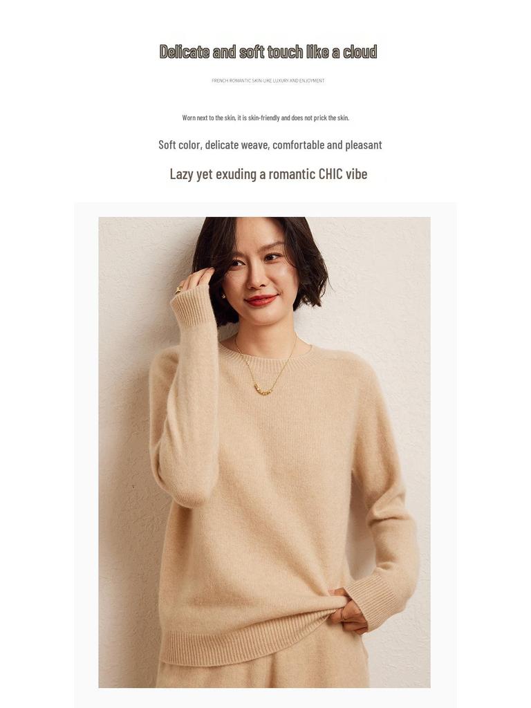 Versatile Cashmere Sweater: Women's Long Sleeve, Round Neck, Comfortable, Loose Fit, Solid Color, Lazy Knit for Autumn and Winter.