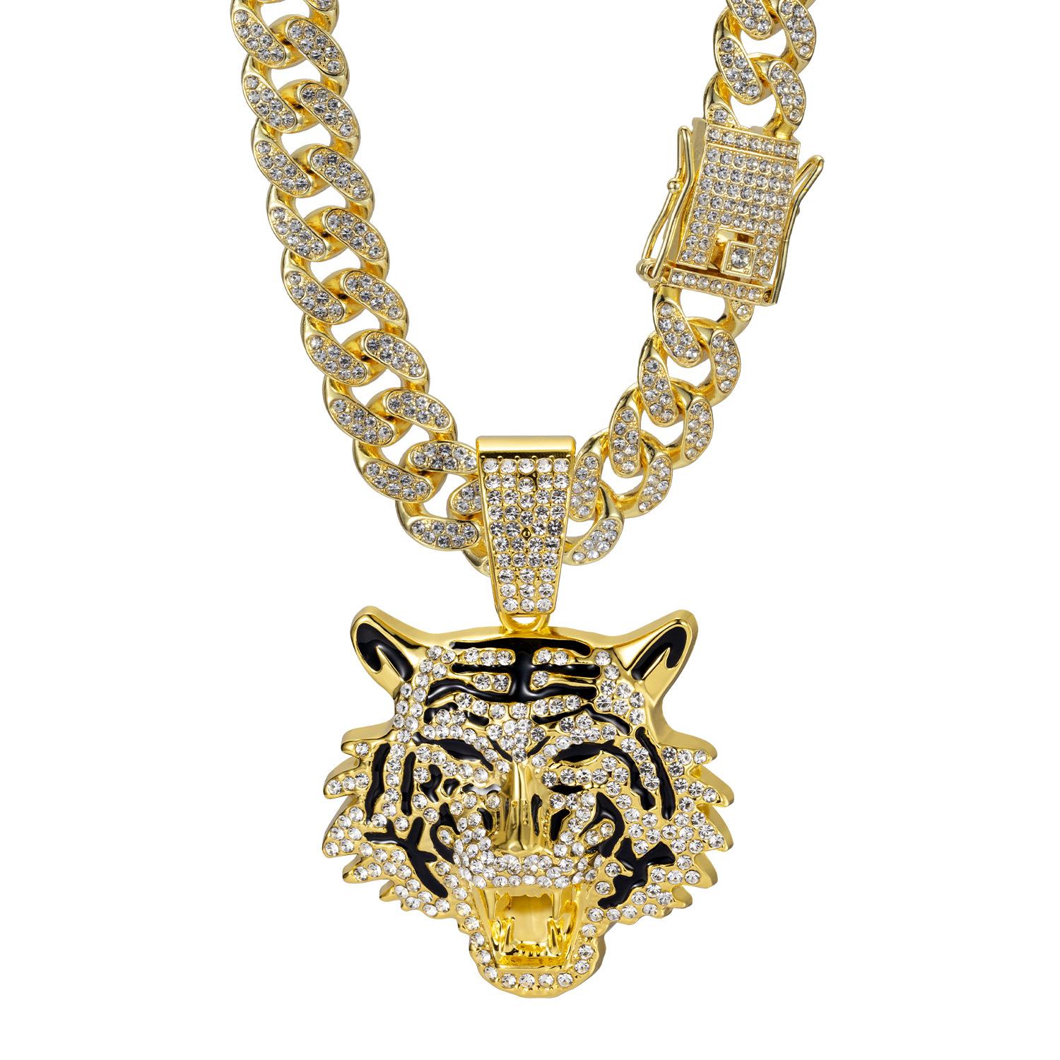 Cuban Necklace Alloy Full Diamond Tiger Head Pendant, Hip-hop Street Style Accessory
