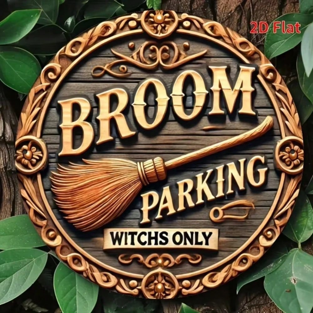 Vintage Metal Witch Sign Broom Parking Wall Art Rustic Floral Scroll Decor Home Halloween Porch