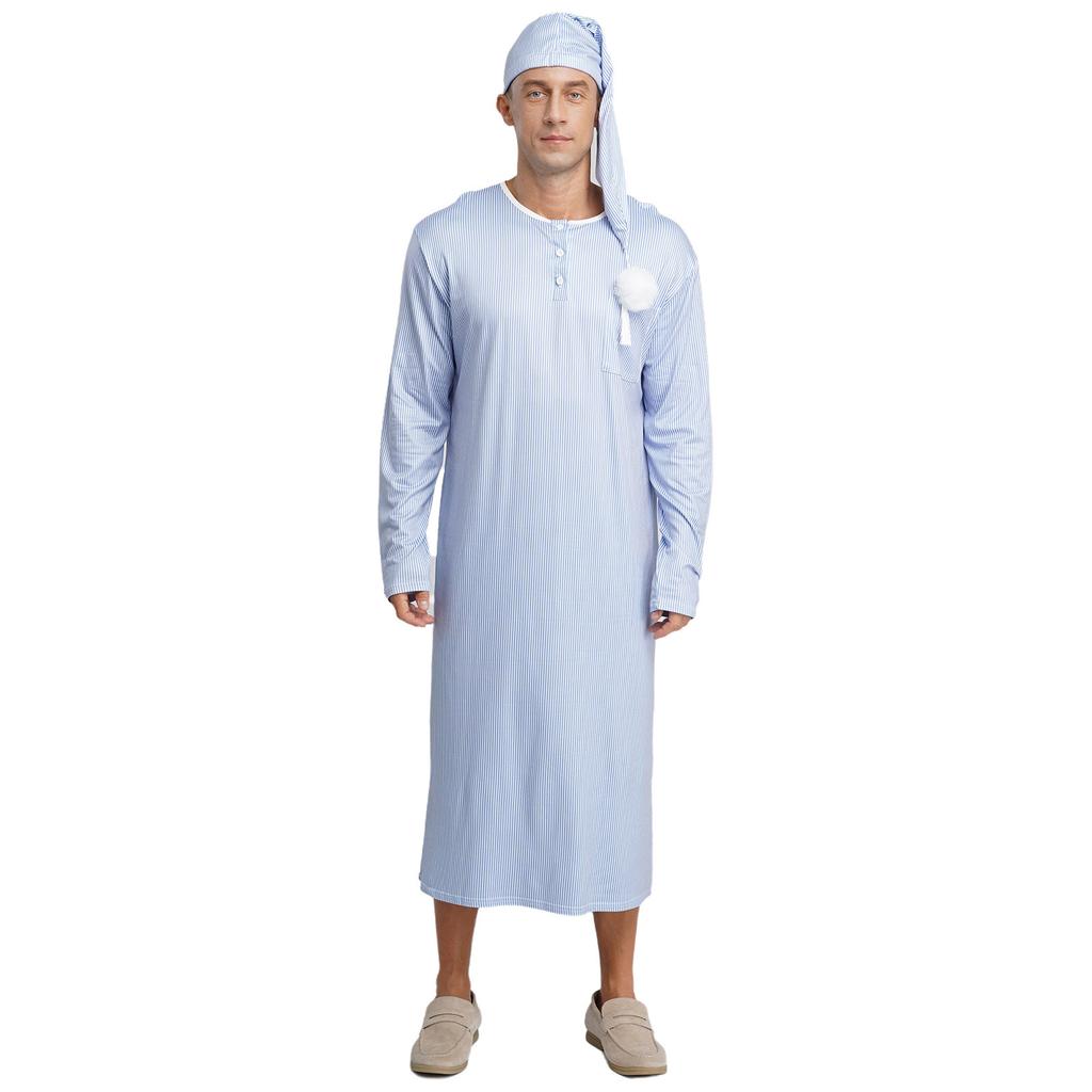 Męska odzież nocna Sissy Pasiasty szlafrok nocny Długi rękaw Długi szlafrok Pompon Regulowana czapka do spania Arabskie piżamy