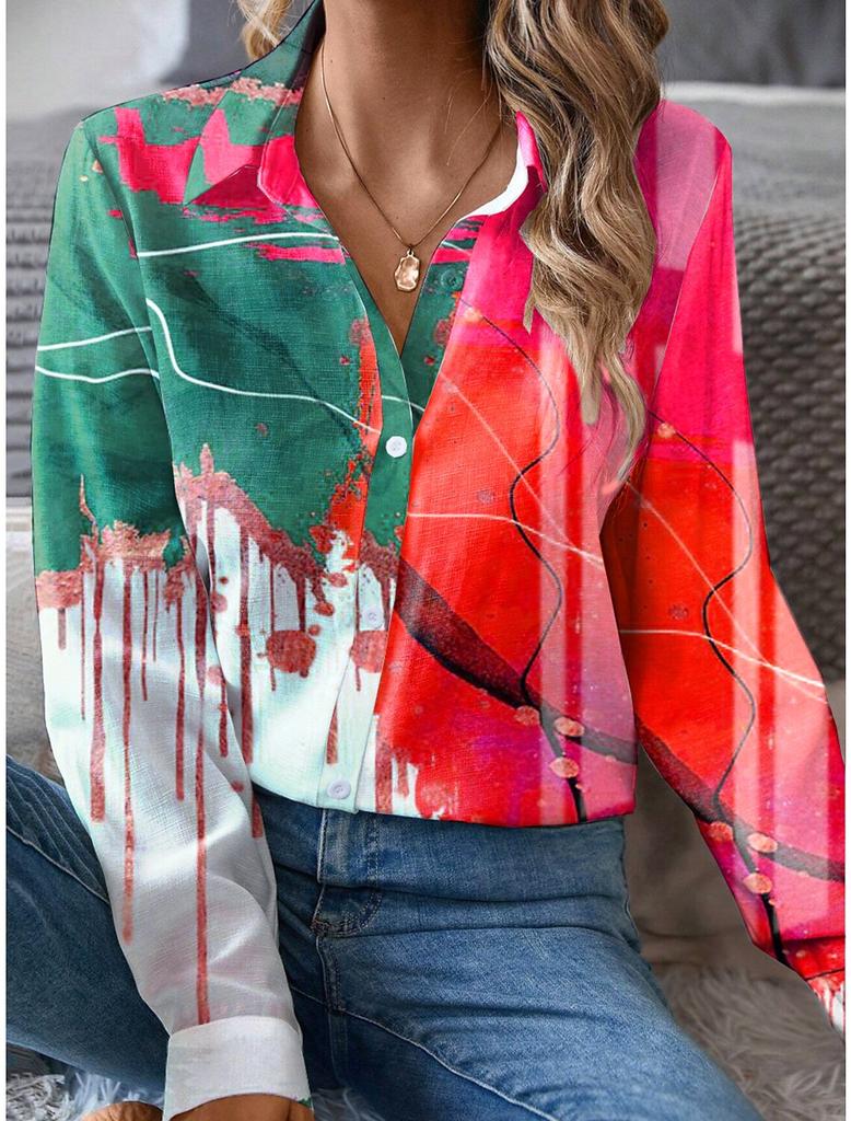 Mode Elegantes Büro Damenhemd Damen Casual Graffiti Bedrucktes Hemd Kragen Knopf Langarm Haushemd Damen Bluse