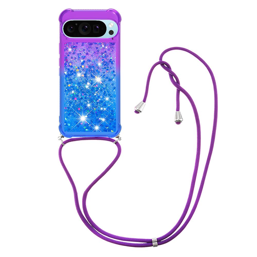 

For Google Pixel 10 Pro XL Phone Case Gradient Quicksand TPU Back Cover with Long Strap Purple/Blue