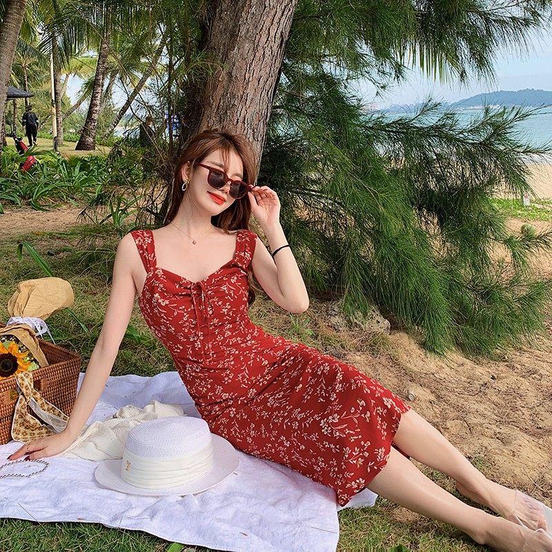 Coffee Break French Red Floral Suspender Dress Children's Summer 2026 New Seaside Vacation Beach Dress