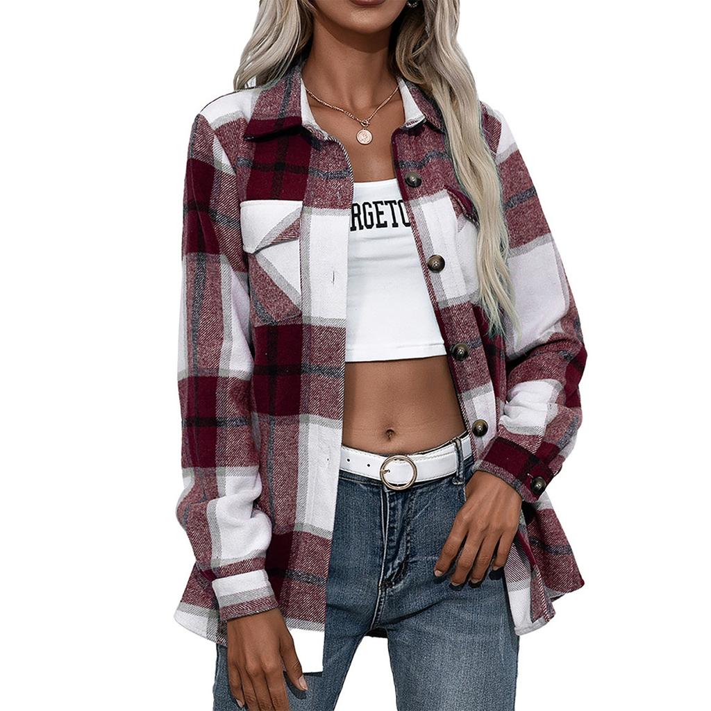 Women's Winter Casual Loose Grinding Wool Plaid Shirt Plush Plaid Shirt Jacket