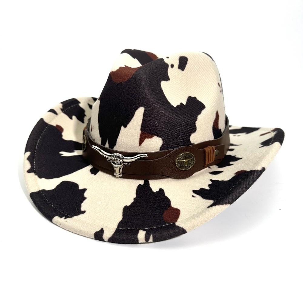 Wide Brim Cow Print Western Caps UV Protection Retro Style Western Cowboy Hat Cow Print Pattern National Style Hat бежевый