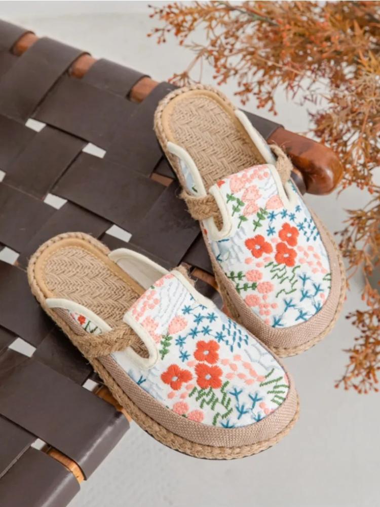 Johnature Εθνικού Στυλ Κεντημένες Παντόφλες από Βαμβάκι Λινό Γυναικείες Χειροποίητες Πλακέ Υφασμάτινες Παπούτσια