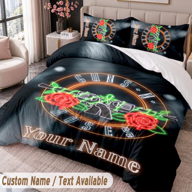 Guns N’ Roses Printed Bedding Set Custom Name Text 1 Duvet Cover 2 Pillowcases For Bedroom