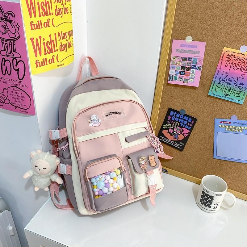 Zaino Studente Color Block alla Moda Con Ciondolo Palla Colorata e Spilla Decorativa Per Viaggi Casual e Uso Quotidiano