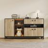 Modern minimalist storage cabinet with double doors, open shelf, glass shelves and interior partitions for living room, dining room and office.
