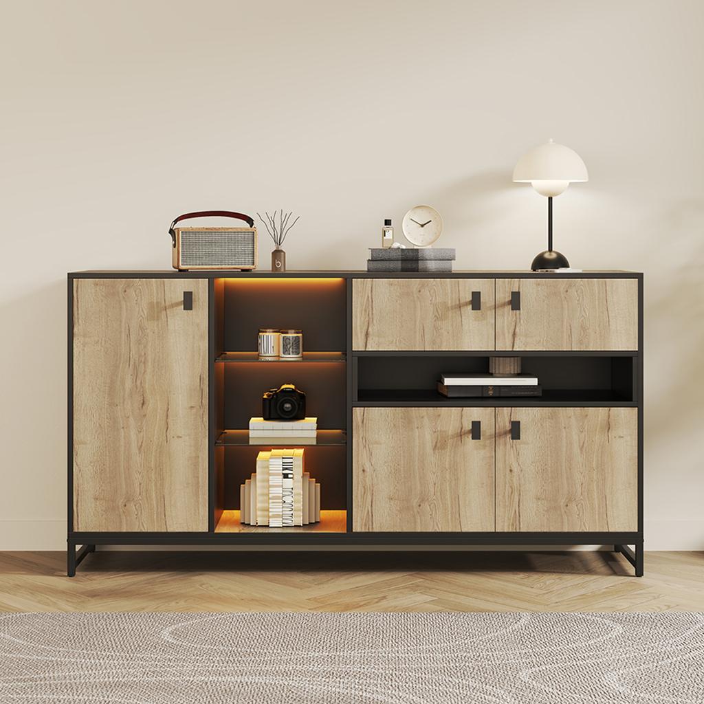 Modern minimalist storage cabinet with double doors, open shelf, glass shelves and interior partitions for living room, dining room and office.