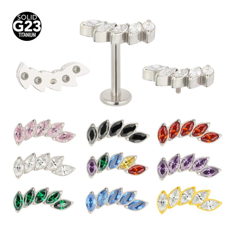 Marquise Multicolor Zircon Stud Earrings – F-136 Titanium Alloy for Lip and Ear Cartilage Piercing.