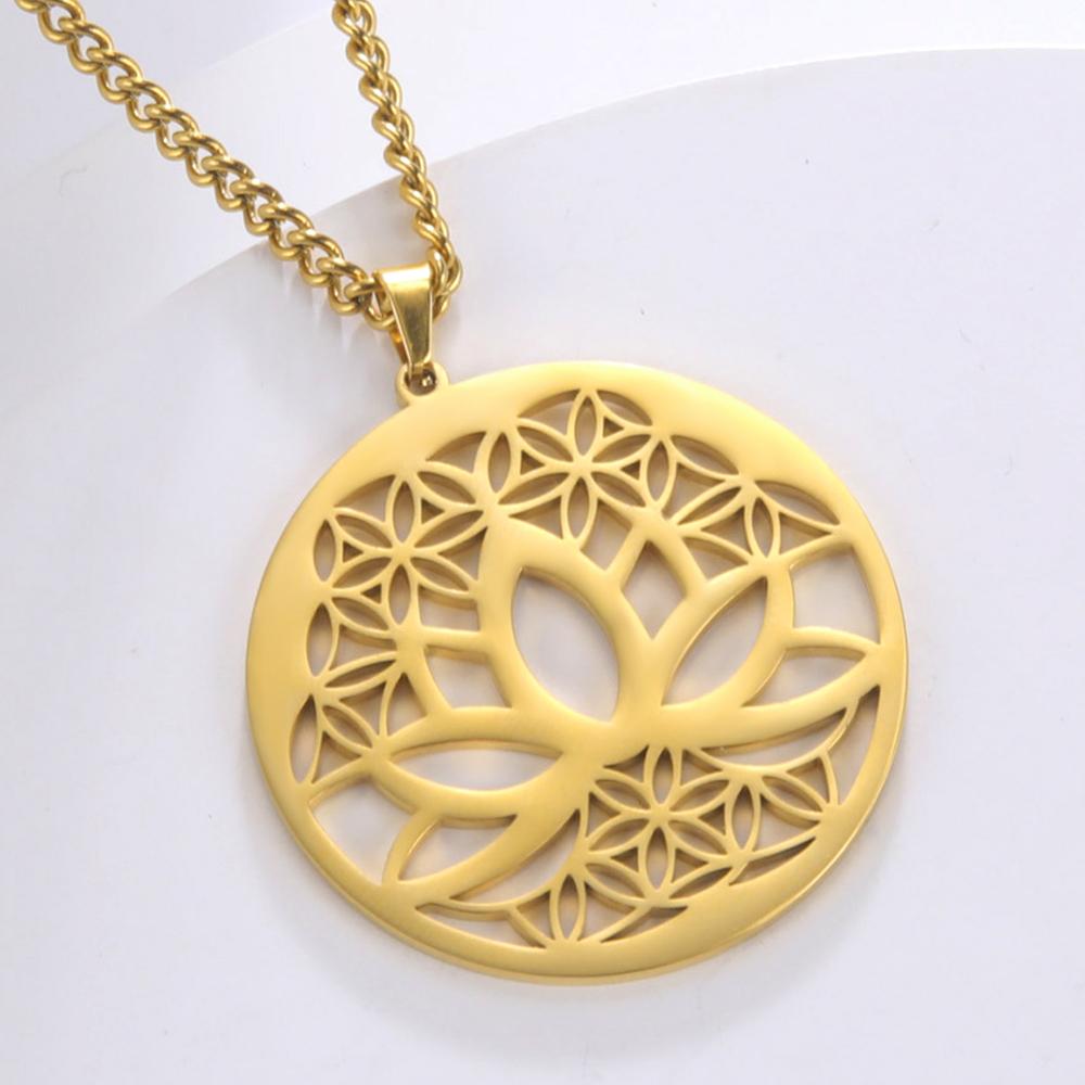 Dawapara Lotus Flower of Life Necklace Stainless Steel Women Jewelry Buddhism Peace Symbol Yoga Meditation Amulet Pendant