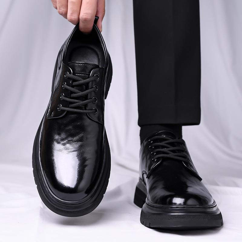 British Style Thick Bottom Flat Platform Shoes Men's Oxfords Spring Fall 2026 Square Heel Soft Leather Shoes Security Work Shoe
