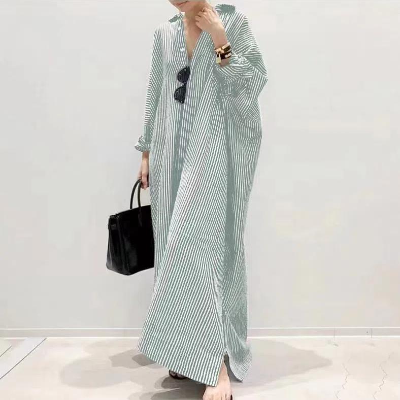 Plus Size Women's Striped Long Shirt Dress Loose Fit Sleeve Maxi Dress Casual Long Sleeve Striped Cotton Maxi Shirt Dress Loose Dress
