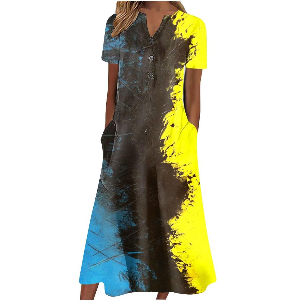Women's V‑Neck Button Short Sleeve Midi Dress Loose Printed Casual Dress With Side Pockets