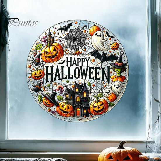 Pumpkin Ghost Wall Stickers Halloween Stained Glass Style Static Window Clings, Waterproof PVC Bat Seasonal Home Accents Haunted House Decals,
