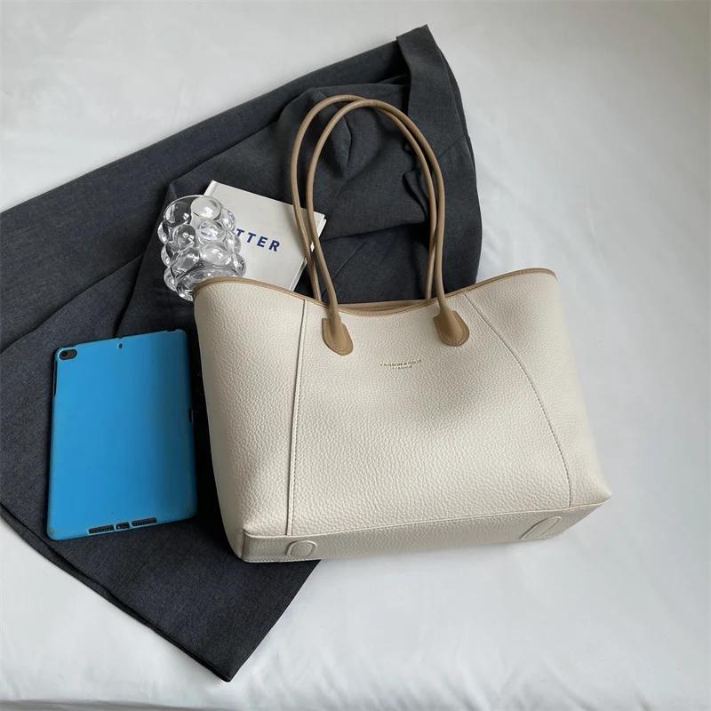 Classic Solid Color PU Shoulder Casual Large Capacity Tote New Fashion Feminine Retro Simple Shoulder Bag